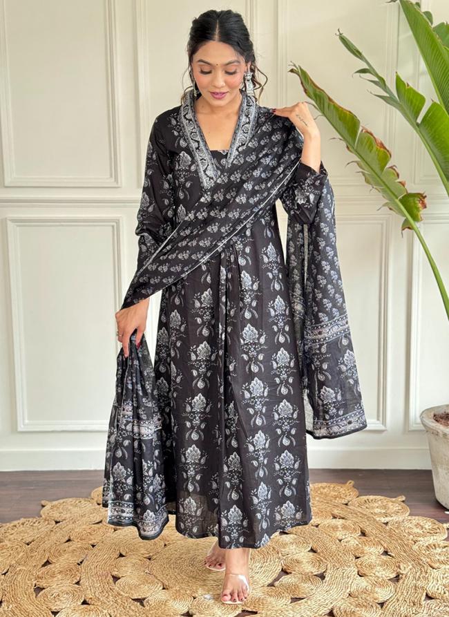 Cotton Black Casual Wear Printed Readymade Anarkali Suit